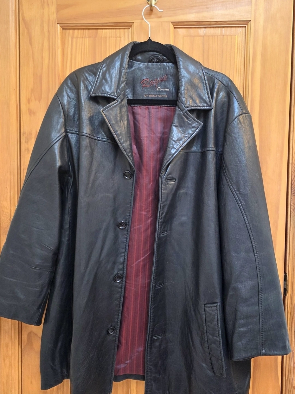 Rogue Black Leather Pea Coat with Burgundy Lining